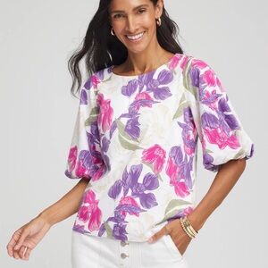 Chico’s Size 2 (Large) Pink and Purple Florals Bubble Sleeve Top Preppy Summer